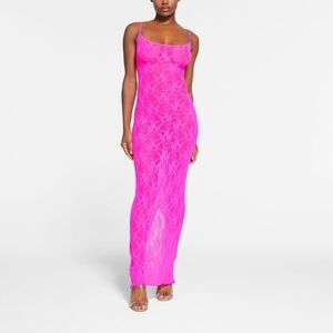 2. NWT SKIMS STRETCH LACE CAMI LONG DRESS IN NEON PINK
